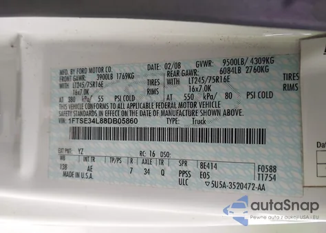 2008 Ford E-350 Super Duty Commercial/Recreational из США, поврежденный, VIN 1FTSE34L88DB05860